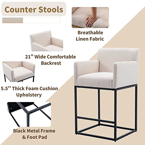 Image of Modern Counter Height Bar Stools Set of 6, Linen Fabric Upholstered Bar Stools with Backs, 26 Inch Kitchen Island Stools with Black Metal Frame, Cream