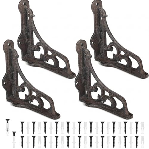 Otoolling 4 Pack 4-1/8 x 3-5/8 Rusty Antique Shelf Brackets Decorative L Cast Iron Shelf Bracket Brace Heavy Duty Wall Mounted Floating Rustic Vintage Baroque for Farmhouse DIY
