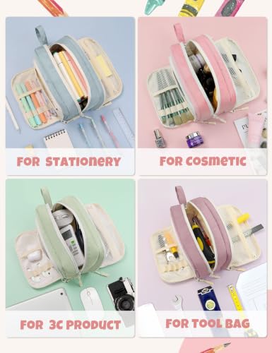 Image of SUNEE Large Pencil Case, Big Capacity Pen Pouch with 3 Compartments, Kawaii Cute Pencil Bag with Zipper, High Storage Stationery Holder and Organizer, School Supplies for Teen and Adult Girls, Pink