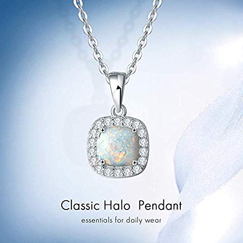 Carleen 14K White Gold Plated 925 Sterling Silver Created White Fire Opal And Cubic Zirconia Halo Pendant Necklace For Women Girls, 18" Silver Chain #TOP5