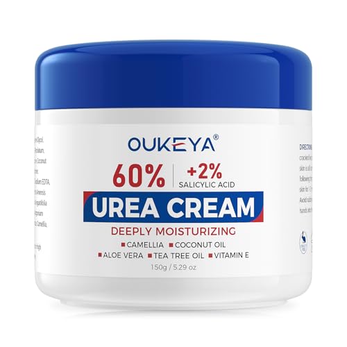 OUKEYA Urea Creme 60% + 2% Salicylsäure & Vitamin E, Intensiv Repair für extrem trockene & rissige Haut an Füßen, Ellenbogen und Händen, Entfernt Hornhaut, mit Antioxidantien, nicht fettend, 150g