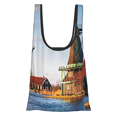 Decoración náutica Molinos de viento en el puerto del estanque en famoso Canal Holanda Monumento Europeo Caramelo Azul Reutilizable Plegable Bolsas de compras ecológicas