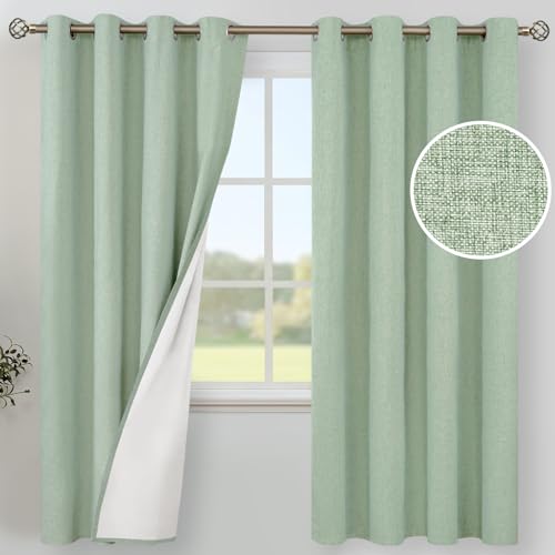Image of YoungsTex Light Green Linen Blackout Curtains 72 Inch Length for Bedroom, Grommet Thermal Insulated Drapes for Living Room Spring Decor with White Liner, 2 Panels, 52 X 72 Inch