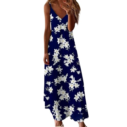 Robe d'été à imprimé floral fluide longue décontractée col en V sans manches pour femme