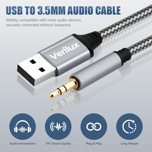 Image of Verilux USB A to 3.5 mm Aux Cable, 2M /6.6FT 3.5 mm TRS Audio Cord Jack to UBS A Nylon Braided Stereo AUX Cable for Speakers, Car Stereo, Headphones, Laptop, PS5 /PS4, Windows & More