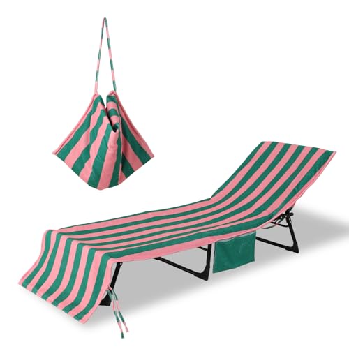 THOVSMOON Beach Lounge Chair Towel Cover Soft Microfiber Chaise Lounge Towel Cover Patio Pool Chairs Cover with Side Pockets 80 x 26 Chair Cover for Beach/Pool Sunbathing (Green and Pink Stripe)