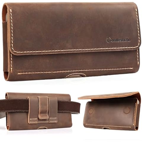Gentlestache Leather Phone Holster for iPhone 15 Pro Max - Belt Clip Phone Belt Holder for Galaxy S24 Ultra - Cell Phone Case - Two Pockets Leather Phone Pouch for Phone with Thick Case, Darkbrown Cover