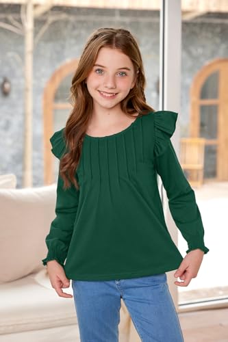 BesserBay Girls Fall Long Sleeve Shirts Elastic Pleated Front Shirts with Flutter Smocked Cuffs Casual Tunic Top 6-14 Years3