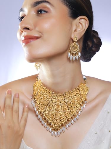 Image of Rubans Gold Plated Temple Necklace Set Traditional Statement Jewellery Gift for Women & Girls