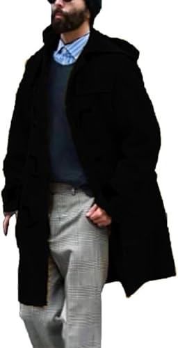 LLECDASEUI Men's Long Toggle Duffle Coat Wool Blend Hooded Toggle Duffle Coats Warm Work Windbreaker Jacket (Black,XL)
