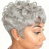 BingSing Grey Pixie Cut Wigs Short Wigs for Black Women Curly Pepper Pixie Wig for old Women Synthetic Silvery Short Cut Wigs(Grey)