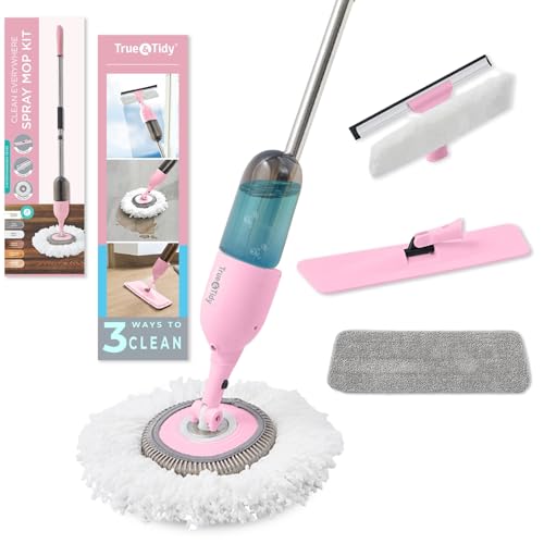 True & Tidy Clean Everywhere Spray Mop Kit with 3 Interchangeable Heads & Refillable Tank - Flat Round Squeegee (Pink)
