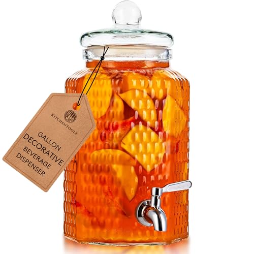 1-Gallon Decorative Sun Tea Glass Drink Dispenser with Stainless Steel Spigot – Vintage Mason Jar Beverage Dispenser for Parties, Weddings, Fridge, Kombucha, Iced Tea, Sangria & More
