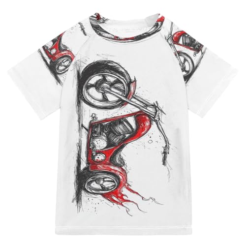 Boys Short Sleeve T-Shirts Fire Motorcycle White Rashguard Kids Swim Shirts Sun UPF 50+