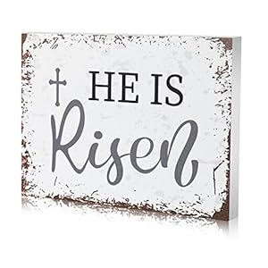 Easter He is Risen Wood Block Sign 5 x 7 Inches Christian Desk Decor Bible Verse Wooden Sign Cross Rustic Religious Tabletop Signs for Home Farmhouse Table Shelf Kitchen DecorationsWhite Style