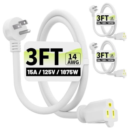 Vockjour 3 FT 3 Pack 14 Gauge Low Profile Flat Plug Extension Cord White