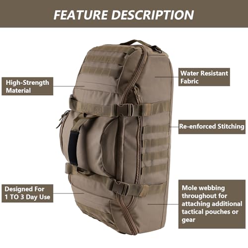 Image of Hannibal Tactical 55L Large Duffle Bag, 3-in-1 Tactical Backpack MOLLE Pack for Gym, Sports, Outdoor, Coyote