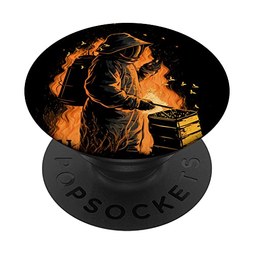 Beekeeper At Beehive Flames Retro Bees Breeder Fire PopSockets Swappable PopGrip, Black