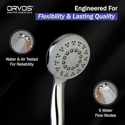 Image of Orvos Hand shower multi-function 5 Modes, 4x4 inches, RainMist, Chrome plated with high grade Korean ABS material from LG,1.5 to 1.8 meter flexible shower hose and wall hook
