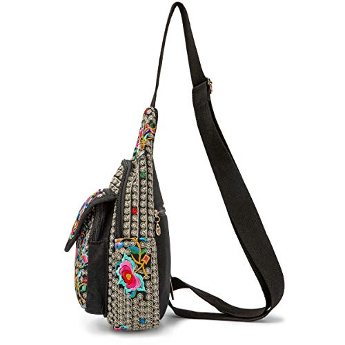 Image of SILKAREA Embroidered Canvas Sling Backpack for Women Travel Chest Bag Crossbody Backpack Purse Shoulder Bag Medium