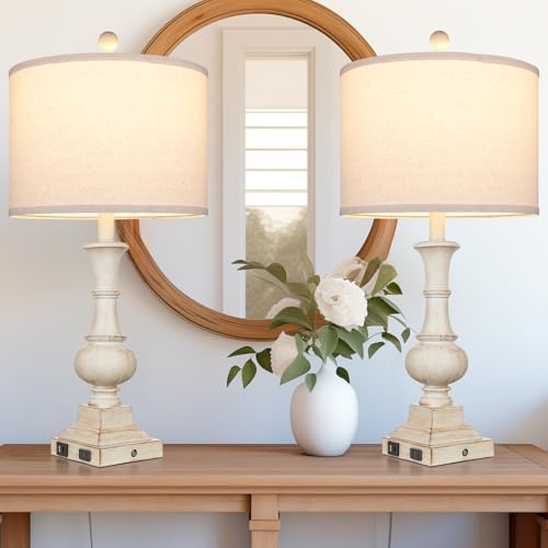 Cinkeda 26 Inch Farmhouse Table Lamps Set Of 2, Rustic Touch Control Bedside Lamps With 2 Usb Ports & Ac Outlet, Vintage White Resin 3-Way Dimmable Nightstand Lamp Linen Fabric Shade For Living Room Bedroom Decor thumb #7