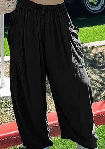 OMZIN Women Summer Plus Size Plain Cropped Pants with Pocket Hippie Elastic Waist Pants Loose Yoga Pants3
