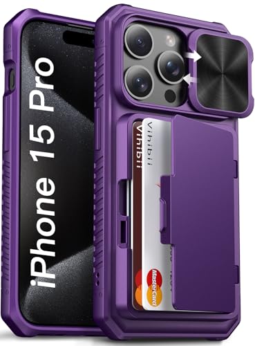 Image of Vihibii for iPhone 15 Pro Case with Card Holder (4 Cards) & Slide Camera Cover & Kickstand, Shockproof Rugged Hard Back & TPU Soft Edge Wallet Back Cover for iPhone 15 Pro 5G 6.1 inch 2023, Dark Purple