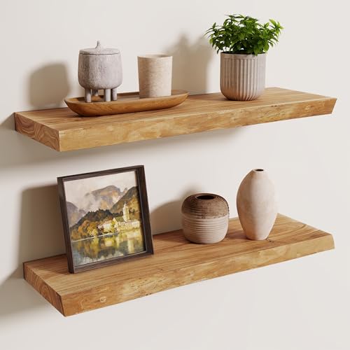 Image of Axeman 24 inch Floating Shelves for Wall Live Edge, Natural, 2PCs | 8'' D Rustic Solid Elm Wood, Wall Mounted, Invisible Bracket, Living Room Bedroom Kitchen