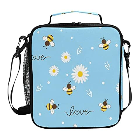 HMZXZ Floral Daisy Bee Love Lunch Bag Box for Women Teens Girls Cooler Insulated Lunch Bag Tote Freezable Shoulder Strap Waterproof Picnic Meal for School Office Work, Multicolour Cover