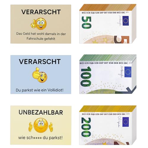 MAJOYLIFE Schlecht Geparkt Auto Gadgets Funny False Parking Cards Je 50 Stück der Banknoten im Wert von 50 100 und 200 Du Parkst Schlecht Karte 85 x 55 mm