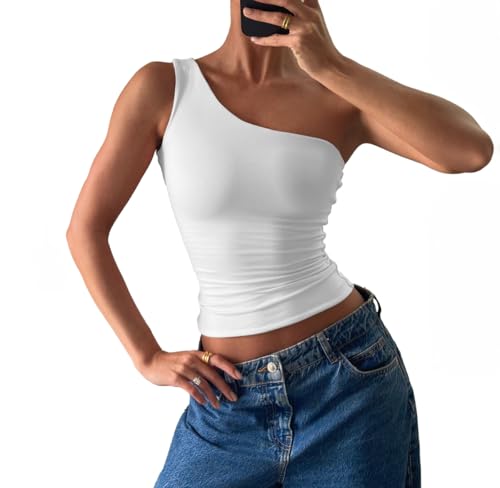 Women's Sexy One Shoulder Crop Tops Sleeveless Cropped Tank Tops Ruched Shirts