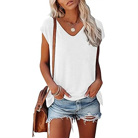 KINGFEN Womens Tops U Neck Cap Sleeve Tank Top for Women 2024 Trendy Casual Summer Short Sleeve Shirts for Women Basic Solid Color Womens Blouse White Small Cover