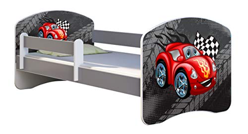 ACMA Kinderbett Jugendbett mit Einer Schublade und Matratze Grau mit Rausfallschutz Lattenrost II (05 Rote Auto, 160x80)