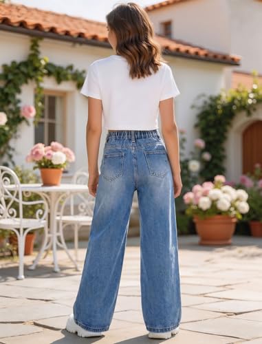 Image of Jeans for Girls Baggy Wide Leg Cute Bow High Elastic Waisted Denim Pants Y2K Boyfriend Skater Streetwear 7-14Y