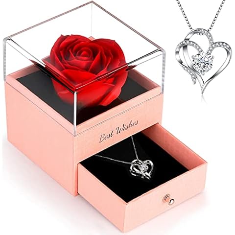 OWUYUXI Preserved Red Rose with Heart Necklace, Gifts for Mom Wife Women Sister Grandma Girlfriend Her, Gifts Ideas for Mothers Day Birthday Christmas Valentines Day Anniversary - Pink Cover