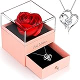 OWUYUXI Preserved Red Rose with Heart Necklace, Gifts for Mom Wife Women Sister Grandma Girlfriend Her, Gifts Ideas for Mothers Day Birthday Christmas Valentines Day Anniversary - Pink