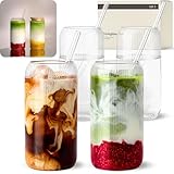 KIVY Set de Vasos de Cristal con Pajita [4x 450ml] - Vasos de Agua, Café & Matcha - Vaso con Diseño Estriado - Set de Vaso Longdrink - Vasos Café - Vasos Altos para Cóctel - Sin BPA