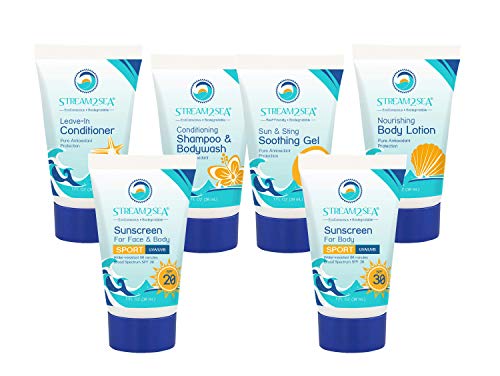 6 Pack Natural Travel Sized Toiletries, 1Oz Paraben Free Sample Size Shampoo, Conditioner, Lotion, Mineral Sunscreen Spf 20 And Spf 30 And After Sun Gel By Stream2Sea #TOP14