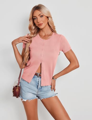 Image of GRACE KARIN Women Short Sleeve Cardigan, 2026 Summer Knitted Sweater Tops, Basic Crew Neck Crop Outfits