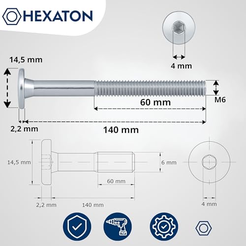 HEXATON Flachkopfschrauben mit Innensechskant M6 x 140 mm – Teilgewinde – 50 Stück – Stahl verzinkt – Möbelschrauben mit Flachkopf