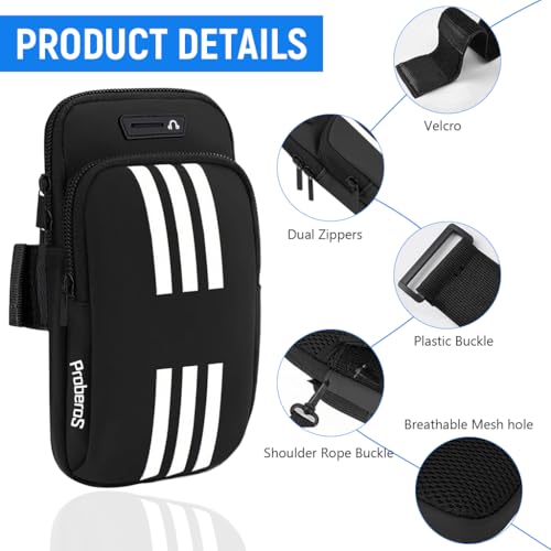 Image of Proberos Running Armband Pouch for 7'' Phones, Waterproof PU Arm Band, Double Layer Zip-up Pouch, Adjustable Arm Phone Holder with Night Reflective Strip & Earphone Cable Hole, Black