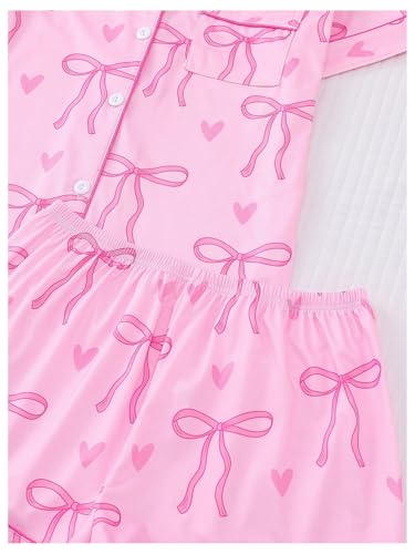 Image of SHENHE Women's 2 Piece Pajama Set Bow Graphic Button Down Short Sleeve Lapel Shirt Pj Short Set