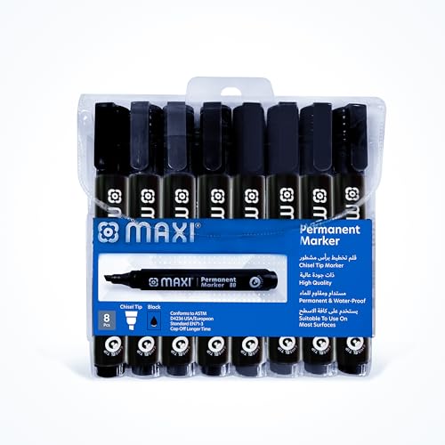 Maxi Permanent marker with Chisel tip 8pcs Black. Suitable to use on most surfaces. Mark and write on any non-porous surface such as wood glass plastic or cardboard.