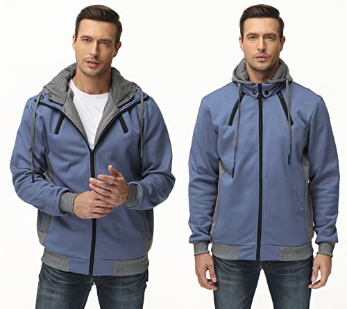 Image of YuKaiChen Men's Hooded Jacket Slim Fit Double Zipper Turtleneck Fleece Hoodie Outerwear