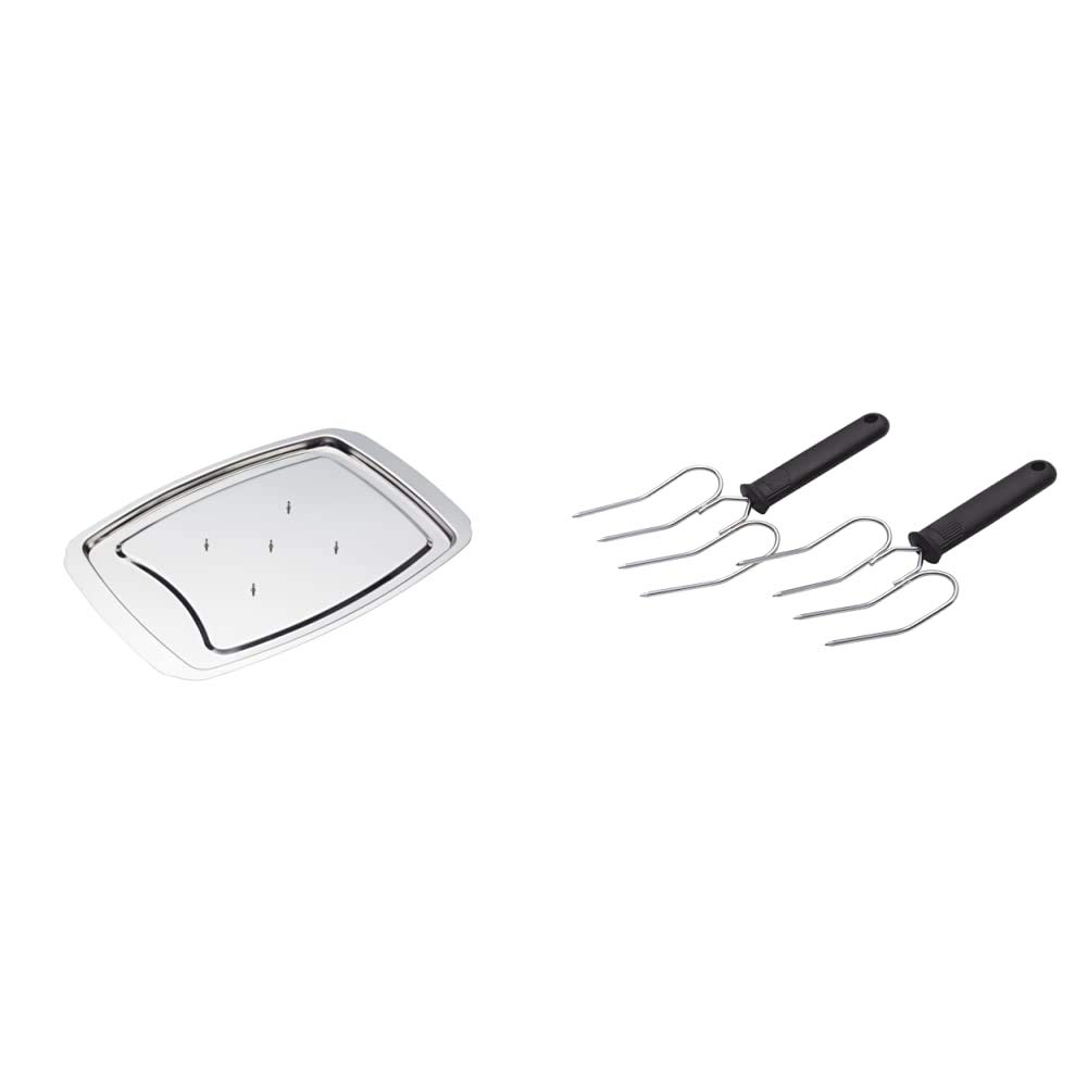 MasterClass Stainless Steel Spiked Carving Tray, 38 x 26.5cm, Silver & KitchenCraft Poultry Lifting Forks, Turkey and Meat Lifters, Stainless Steel, 22 x 9 cm, Set of 2, Black/Silver