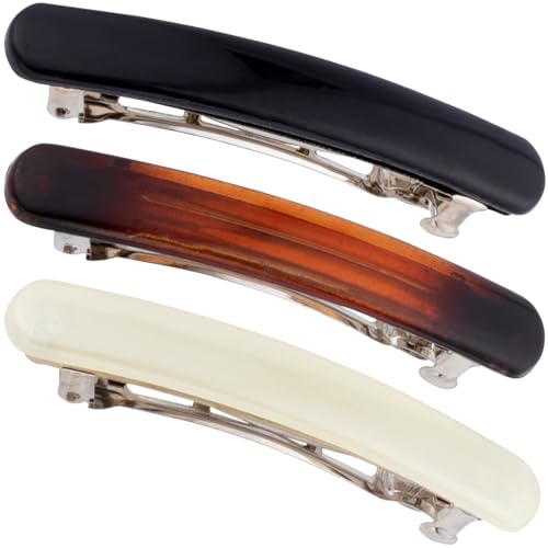 SmallCat 3PCS 2.48 Inch Tortoise Shell Hair Clips for Women, Oval Classic French Hair Barrettes, Curved Glossy Hair Accessories for Women Thick Long Hair (Black, White, Amber)
