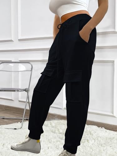 HOPYOP Womens Cargo Pants,Athletic Elastic Waist Baggy Cargo Pants for Women with Pockets Soft Black Cargo Pants (Black M)