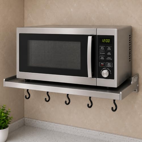 Image of Saifix Microwave Stand For Kitchen | Wall Mounted Oven Stand | Stainless Steel Hanging Dish Rack | Pot Racks | Utensil Organiser | Kitchware Rack (60 L x 40 W x 18 H CM's, Steel, OS-24)