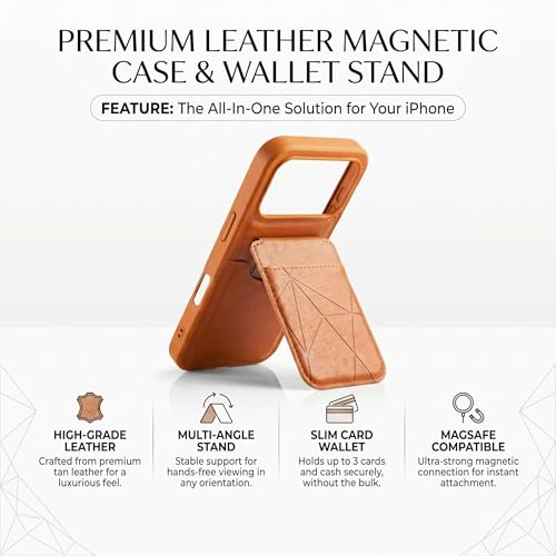 Image of amazon basics Premium Vegan Leather Back Cover with Card Holder and Integrated Mobile Stand for iPhone 17 Pro - Slim Shockproof Wallet Case with Geometric Stitching [Tan]