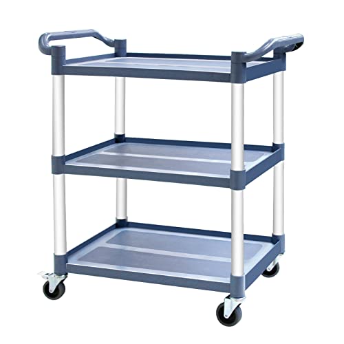 MAYNIYJK 3-Tier Utility Cart With Wheels, Heavy Duty Rolling Restaurant Cart 420lbs, Plastic Bus Cart With Lockable Wheels and Rubber Hammer for Warehouse/Office/Kitchen, Grey